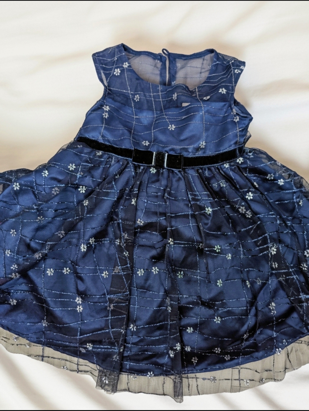 Jona Michelle Navy Blue Floral Sparkle Dress with Velvet Belt